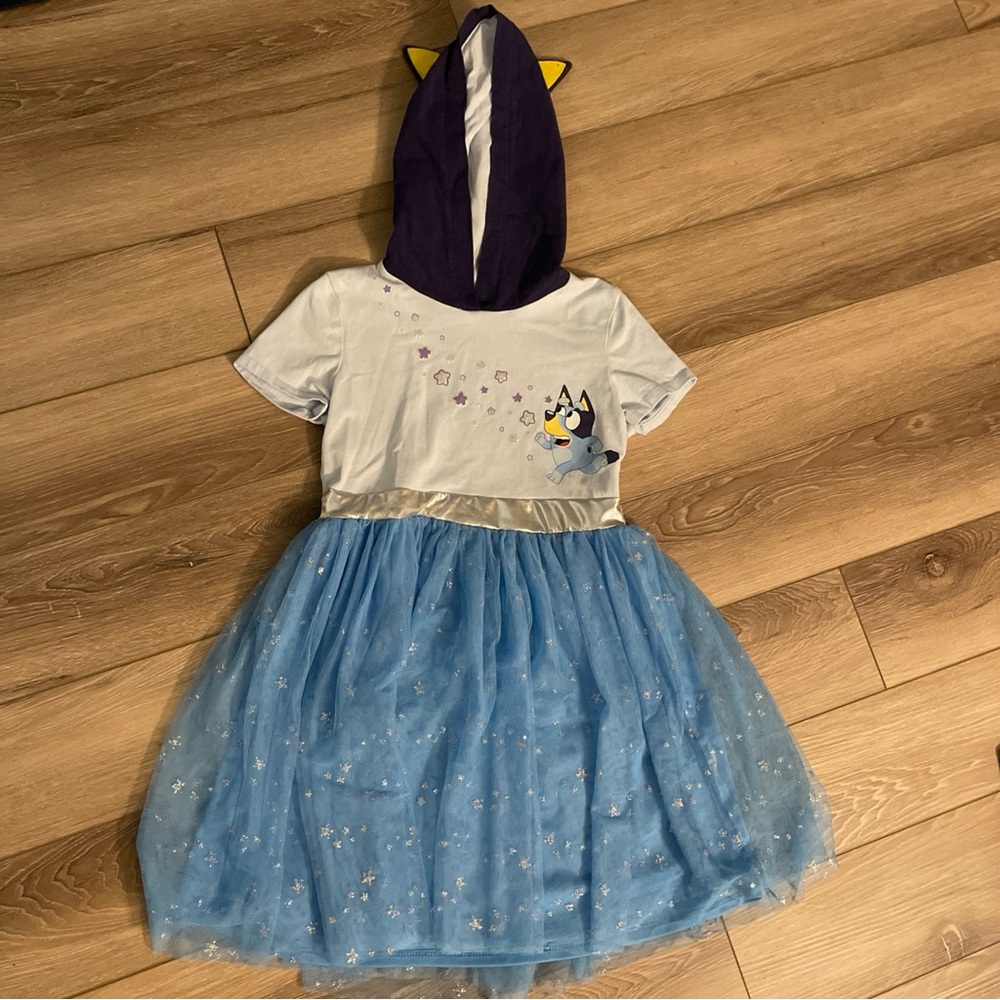 Bluey Girl’s 8 Blue Silver Short Sleeve Dress with Tulle Tutu Skirt with Hood